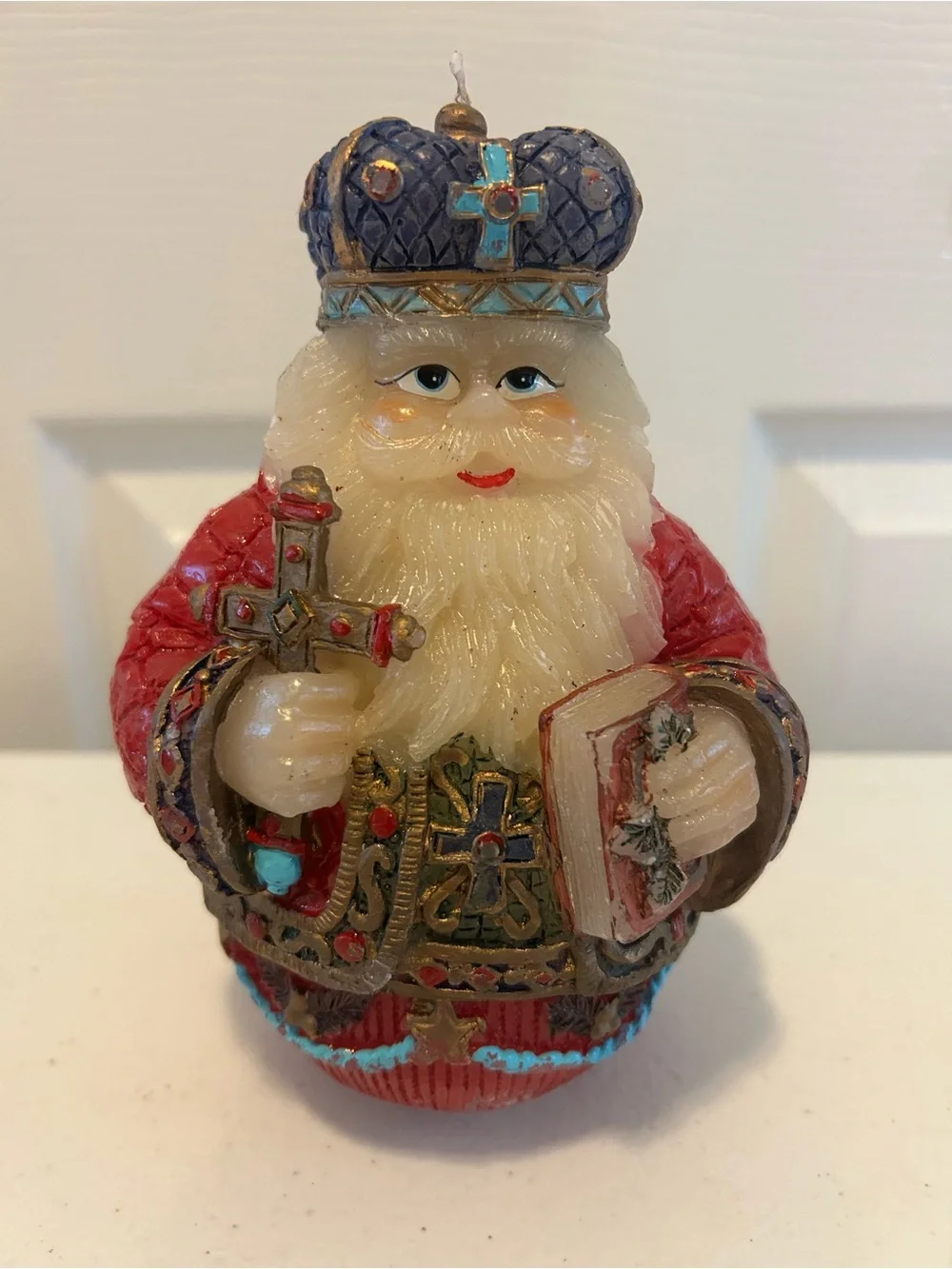 Holiday Santa Candle Figurine in Red, Blue and Gold